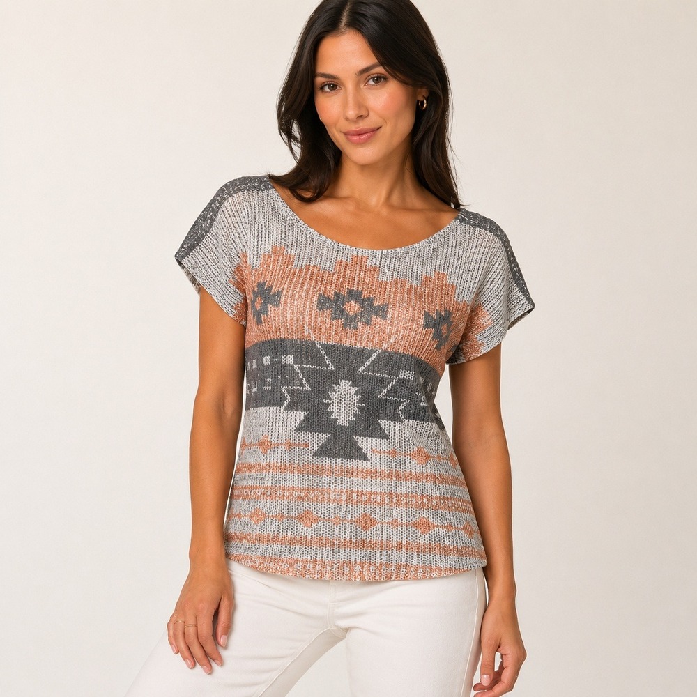 Blu Planet Aztec Tribal Knit Top Gray Peach Southwestern Boho Short Sleeve Tee M